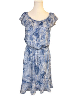 L'Agence 100% Silk Blue Abstract Print Ruffle Dress Elastic Waist Approx L